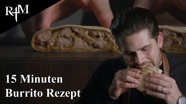 Knuspriger Burrito ohne Reis mit saftigem Flanksteak, geschmolzenem Appenzellerkäse und würziger Bohnenfüllung aufgeschnitten serviert.