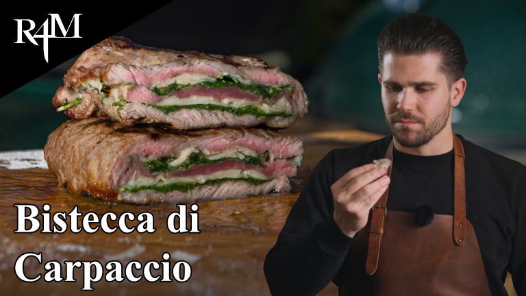 Bistecca di Carpaccio vom Grill aus Rindsentrecôte, gefüllt mit Rucola und Parmesan, in feine Tranchen geschnitten.